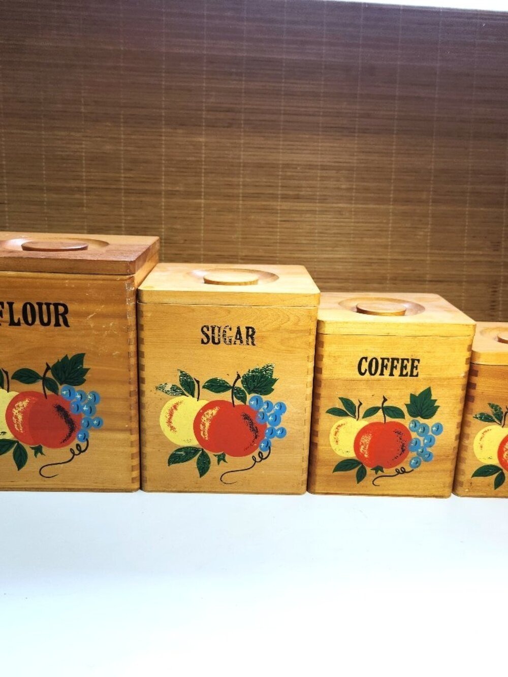 Vintage Wooden Canister Set 4pc Fruit Design Flour Sugar Coffee Tea Kitchen Deco